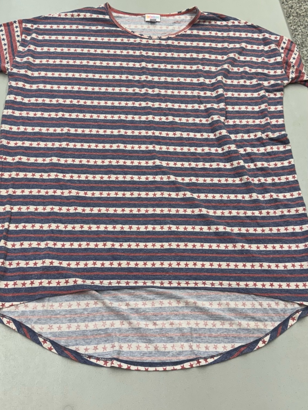LuLaRoe Patriotic Irma Red Navy White Striped Star Short Sleeve Tunic Tee Shirt